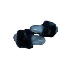 Rouge Faux Fur Slides – Black Fluffy Slippers – Women’s Size 10
